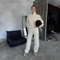 Set due pezzi in pile color crema con giacca a zip e pantaloni casual a gamba larga - S / Bianco Sporco