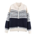 Women knit cardigan in cream and navy blue with geometric Fair Isle patterns - S / Tops / Off White