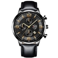 Men's quartz watch with black leather strap, silver case and textured black dial - Black Strap Gold Case [Leather Band + Calendar/Luminous] / Single Watch