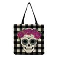 Canvas skull tote bag with checkerboard pattern and pink floral sugar skull print - B&W Gingham Background Day of the Dead Skull (hm6649)
