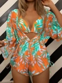 Three-piece vibrant orange bikini set with tropical palm leaf print and drawstring mesh cover-up - S / Bright Orange Tropical Print 3-Piece Set / Orange