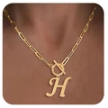 Gold letter H pendant necklace with paperclip chain and toggle clasp on a model - Letter H