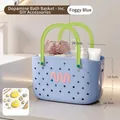 Hollow bath storage basket in haze blue with green handle and DIY cartoon charms - With DIY Charms / Haze Blue