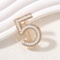 Elegant gold brooch shaped like number 5 with white pearls and bright rhinestones - Number 5 Style (YNCP0387)