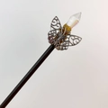 Handcrafted wooden hair pin featuring a hollow metal butterfly and iridescent crystal point - Iridescent Crystal + Butterfly
