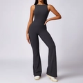 Dark grey sleeveless flare leg yoga jumpsuit with slimming fit and athletic stretch fabric - S / Volcanic Gray