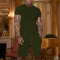 Men's summer casual two-piece t-shirt and drawstring shorts set in dark green - Army Green