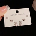 Three-pair silver stud earrings set featuring ribbon bows and bear motifs with S925 needles - Silver-Full Rhinestone Bear Bow Set (31#)