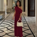 Detailed view of the burgundy off-shoulder pleated maxi dress with fine fabric texture - S / Burgundy