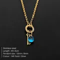 14K gold plated stainless steel necklace with blue crystal and key charm pendants - Letter I