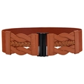 Detail of a brown elastic waist belt with woven PU texture and black metal clasp - Camel With Black Buckle