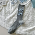 Light gray ribbed mid-calf socks with blue gingham bow ties in a ballet style - One Size / Grey Plaid