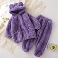 Kids purple plush bear pajama set with hooded sweater and trousers in cozy fleece - Purple / 80cm