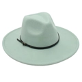 Close-up of mint green wool fedora hat featuring a black leather band and gold metal buckle - Mint Green (Belt Style)