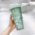 Light green double-walled plastic straw cup with colorful star sequins and text - Sequins-Cyan