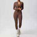 Detailed view of mocha brown three-piece yoga set featuring side pockets and zip jacket - S / Chestnut Brown