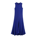 Vestido largo sin mangas azul real en mezcla de lino con acabado satinado sobre blanco - S / Azul