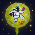 Yellow astronaut space theme foil balloon with Game On text and starry night background - Yellow Single Sided 18 Inch Astronaut Round Balloon
