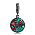 Gothic S925 silver skull hand pendant with red heart gemstone and enamel details - PD0754(Round Black Skull Flower)