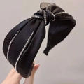 Elegant black satin wide headband with knotted design and sparkling rhinestone trim - S36 Black Satin Rhinestone Knot Style