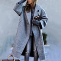 Detail of grey wool blend long coat featuring a classic lapel and single-breasted design - S / Gray
