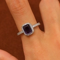 Macro shot of silver ring with rectangle purple gemstone and halo zircon crystals - Silver Purple Gem Halo Ring (WG-0575)