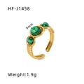 18k gold plated stainless steel ring with three emerald green malachite stones - Three Green Spherical Gemstones Step Style (HF-J458)