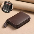 Slim matte dark brown leather accordion card holder with a smooth metal zipper closure - Coffee (18 Slots + 2 Coin Compartments)