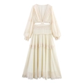 Elegante beige chiffon maxi-jurk met kant, V-hals en uitsparingen in de taille - XS / Melkwit