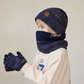 Kinder winterset met donkerblauwe gebreide muts sjaal en handschoenen met sportlogo - 3-Delige Set (Muts + Sjaal + Handschoenen) / Marineblauw