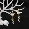 Vintage 18k gold plated long freshwater pearl tassel earrings with blue enamel - Pearl Ball Tassel / White