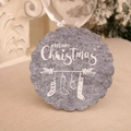 Detail of grey felt Christmas coaster with Merry Christmas print and wavy edge - Christmas Sock / Gray