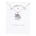 Detailed close-up of hand-enameled silver unicorn pendant necklace with sparkle text card - Unicorn White Card The Sparkle (YH6152) / Silver