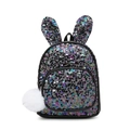 Blue sequin toddler backpack with cute bunny ears and a white fluffy pompom keychain - Black