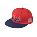 Macro detail of the 3D USA embroidery and stitch texture on the red baseball cap - Red/Navy Blue Patchwork