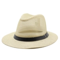 Detail of breathable mesh crown and black leather band on a summer straw fedora hat - M (56-58cm) / Beige