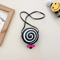 Black lollipop round crossbody bag with white spiral and pink bow for children - Black