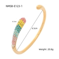 Detail of gold titanium steel open bangle featuring colorful rhinestones and dimensions - Gradient Rhinestone (NMSB-E123-1)