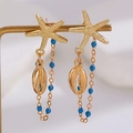 Ocean style gold starfish earrings with shell pendants and blue beaded tassels - Gold (5795)