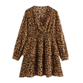Franse vintage luipaardprint mini-jurk met V-hals, lange mouwen en ruches aan de zoom - XS / Luipaardprint