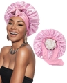 Pink satin hair bonnet with wide ribbon straps for hair protection and night sleeping - M / Pink + Beige
