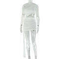 Detail of white mini dress featuring asymmetric cutout, ruched fabric, and side ribbon - S / White
