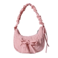 Chic pink crescent shoulder bag with bow detail and pleated ruched cloud strap - Pink