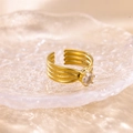 Golden open adjustable ring featuring wave texture and a sparkling round zircon stone - White Style (R00911G-W)
