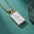 Cadena box dorada vintage con colgante rectangular de cruz blanca para hombre - Con Cadena de Perlas Doradas / Oro y Plata