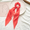 Coral pink chiffon hair scrunchie with long ribbons and golden star patterns - Orange Red With Gold Stars