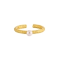 Detail of S925 engraved stamp and white pearl on textured golden open C-shaped ring - Adjustable Open / Gold