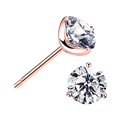 Detailed view of rose gold three-prong stud earrings with brilliant round cut crystals - Rose Gold (Plastic Stopper)