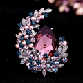 Moon shaped silver brooch with vibrant rhinestones and a large purple pear cut gemstone - Wine Red Crystal Moon