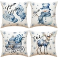 Set of 4 Christmas pillow covers with blue watercolor reindeer and snowman prints - Blue Watercolor Warm Wishes Set (YMX3) / Set of 4